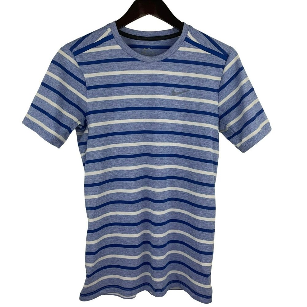 Nike Blue Striped Cotton Dri-Fit Reflective Details Shirts Size Size Small